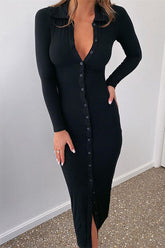 Vestido largo de punto ajustado con cuello en V