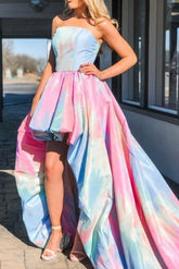 Vestido de noche de fiesta de corte A sin tirantes alto bajo