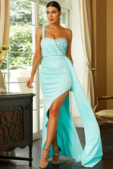 Vestido de noche de fiesta con escote en forma de corazón y un solo hombro en color menta