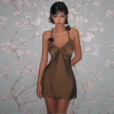 V-neck pleated floral cross halter dress