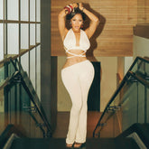 Cross-Drawstring Top and Bootcut Trousers Two-Piece Set