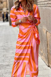 Gestreiftes, geknotetes Hemdkragen-Midi-Wickelkleid