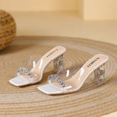 Tacones altos y gruesos con punta cuadrada y diamantes de imitación para exteriores