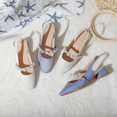 Tacones cuadrados con tiras y perlas en la punta para mujer