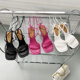 Sandalias de tacón alto con tiras y punta cuadrada para mujer en tallas grandes