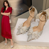 Tacones de aguja para boda con lazo y tiras de diamantes de imitación huecos para mujer