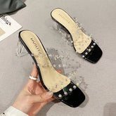 Tacones gruesos transparentes de cristal con punta cuadrada para mujer para verano