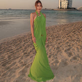 Solid color mesh creative halter neck backless dress