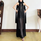 Halter neck lace panel design solid color long dress
