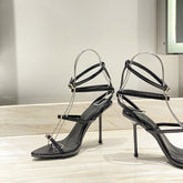 Damen Schnalle Spitze High Summer Black Strip Heels