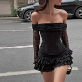 Lace mesh top and hip-hugging skirt suit