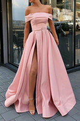 Vestido formal de fiesta rosa con hombros descubiertos y corte A