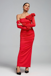 Slanted Shoulder Ruched Rose Flowers Dress