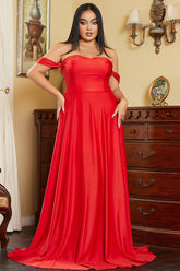 Vestido de noche rojo de fiesta con hombros descubiertos y corte A, talla grande