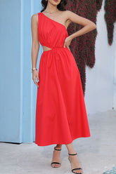 Vestido largo elegante rojo con un solo hombro y aberturas