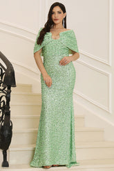 Vestido formal de noche y fiesta con hombros descubiertos de color salvia