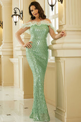 Salbeigrünes schulterfreies Meerjungfrau-Abschlussball-/Abendkleid