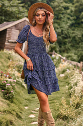 Kurzes Mini-A-Linien-Kleid mit Blumenmuster in Dunkelmarineblau