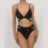 Traje de baño bikini con escote en V y botones sólidos en la espalda cruzada