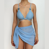 Traje de baño de 3 piezas con apliques de mariposa irregulares y lazo liso