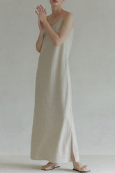 Vestido largo de lino con tirantes finos y cuello en V - Avena