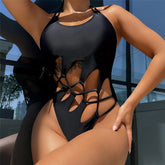 Monokini con tiras, encaje y escote halter de color brezo