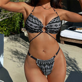 Bikini de corte alto con aros metálicos y cuello halter estampado Gloria