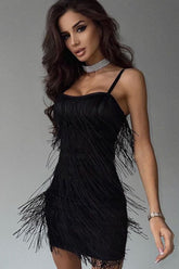Flowy Fringe Square Neck Spaghetti Strap Fitted Flapper Mini Dress - Black