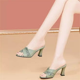 Women's Cowhide Diamond Round Toe High Summer Slippers