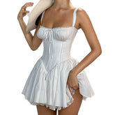 Lace Button Ruffles Mini Dress