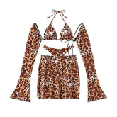 Traje de baño de 4 piezas con minifalda con lazo y manga larga en contraste