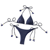 Traje de baño bikini sin espalda con cuello halter fruncido liso y lazo anudado