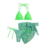 Rückenfreier dreiteiliger Badeanzug aus Netzstoff mit geripptem Kontrastdruck und Neckholder