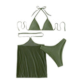 Traje de baño de 3 piezas con cuello halter sólido, de malla hueca y lazo.