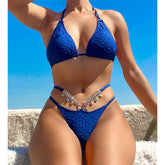 Bikini fruncido con cuello halter y diamantes de imitación de Victoria