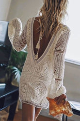 Minivestido bohemio de encaje de crochet con escote en V profundo, mangas de obispo, espalda descubierta y lazo - Blanco