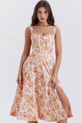 Minivestido veraniego con corsé alto y abertura en la espalda con encaje y estampado floral - Naranja