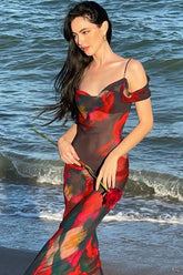 Bedrucktes Chiffon-Maxikleid mit Wasserfallausschnitt und transparentem Strandurlaub - Rot