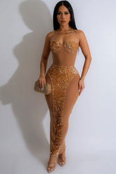 Vestido largo de malla transparente sin mangas con lentejuelas y escote corazón - Champán