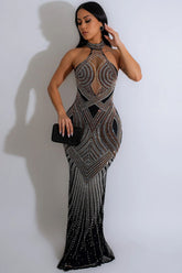 Glitzerndes Neckholder-Maxikleid mit Fischschwanz und transparentem Netzstoff - Schwarz