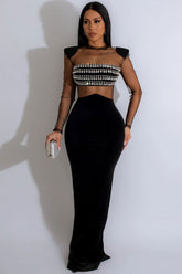 Glitzerndes, Strass-durchsichtiges, Mesh-gepolstertes, langärmliges Maxi-Abendkleid - Schwarz