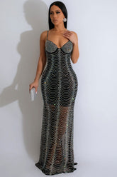 Vestido largo de noche con tirantes finos, escote en V y brillantes diamantes de imitación - Negro