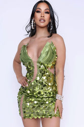 Glitzerndes Pailletten-Halsband, tiefes V-Ausschnitt, transparentes Netz, figurbetontes Party-Minikleid - Grün