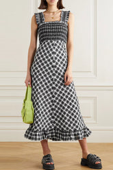 Vintage Midi-Sommerkleid mit quadratischem Ausschnitt und Strumpfhaltern, gesmoktem Karomuster - Schwarz