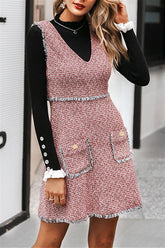 Ärmelloses Vintage-Tweed-Kleid mit V-Ausschnitt und Quaste