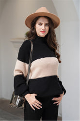 Wide Stripe High Collar Loose Pullover - Khaki