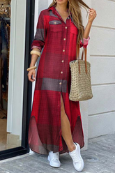 Lässige karierte Kleider mit Hemdkragen und Taschenschnalle in A-Linie (4 Farben)