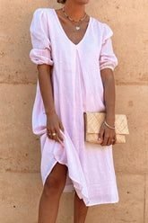 Lässige, einfarbige Patchwork-Prinzessinnenkleider mit V-Ausschnitt