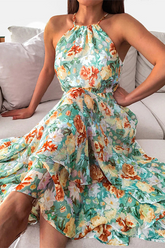 Elegantes vestidos con falda halter y patchwork floral