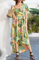 Elegantes vestidos irregulares con escote en V y abertura floral